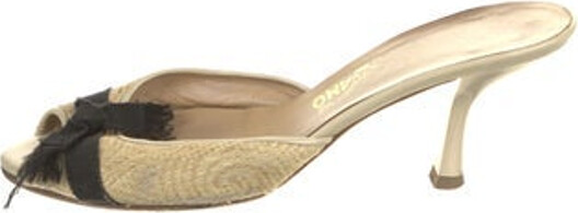 Ferragamo Leather Mules Black & Neutrals Peep-Toes with Grosgrain Trim