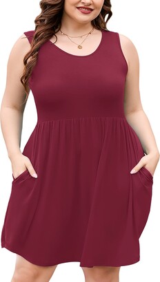 AusLook Plus Size Summer Tank Dress for Women Burgundy 3X Casual Sleeveless  Crewneck Flowy Pleated Sun Maternity Tunic Dresses Babydoll Tshirt Swing  Vacation Sundresses with Pockets - ShopStyle