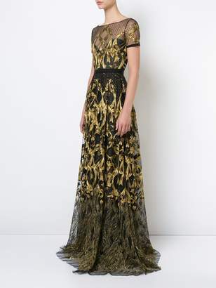 Marchesa Notte embroidered plunge back gown