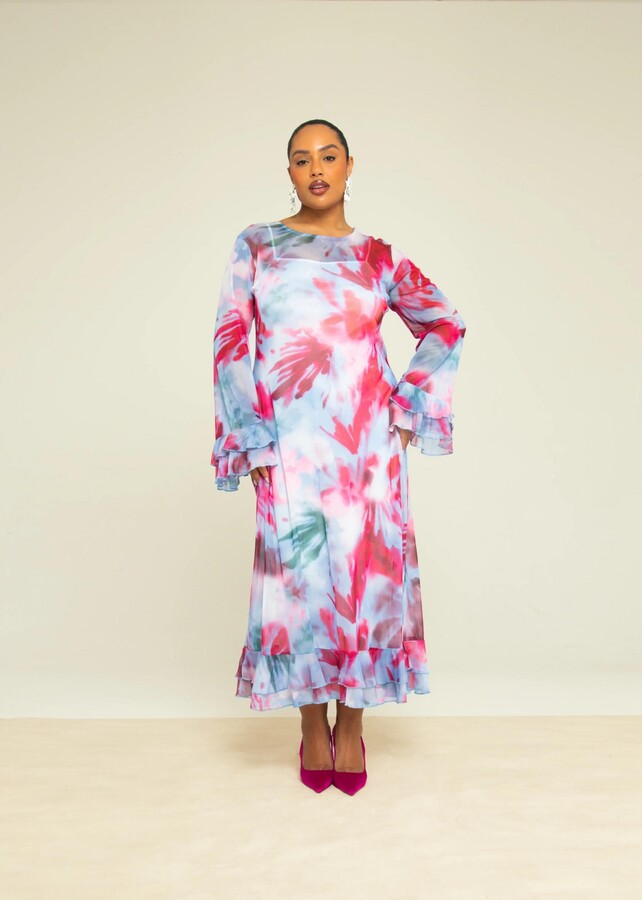 Fashion-szn Curve Women's Blurred Floral Mesh Maxi Dress