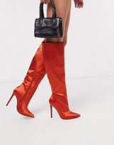 Thumbnail for your product : ASOS DESIGN Carly pull on knee boots in rust satin