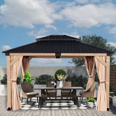 StarEcho Cedar Wood Patio Gazebo, Double Metal Roof Hardtop Gazebo with curtain and Screen