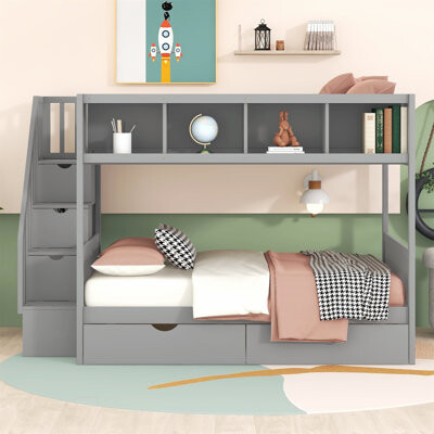 Bunk Bed with Shelves, Storage Staircase, and 2 Drawers, Perfect for Space-Saving and Organized Living in Shared Rooms