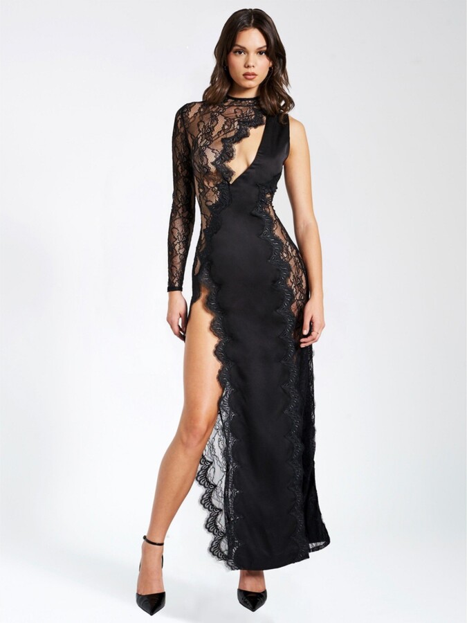 Miss Circle Women's Weslyn Black Satin Lace High Slit Dress