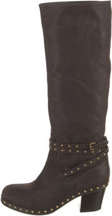 Miu Miu Suede Knee-High Riding Boots Brown Square-Toes with Studded Accents Platform Wrap-Around Straps & Buckle Closure at Sides Designer