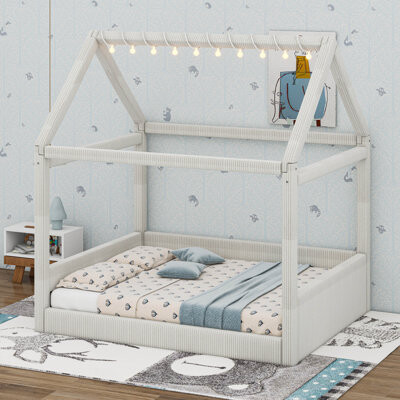 Harper Orchard Full Size Upholstered Platform Bed, House-Shaped Floor Bed Bed Frame With LED Light Strips