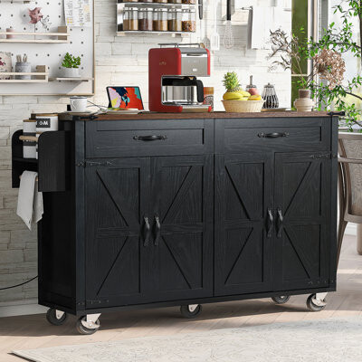 Ivy Bronx 53.5''Farmhouse Kitchen Island With Power Outlet Kitchen Storage Island With Drop Leaf Spice Rack And Drawer Rolling Kitchen Cart On Wheels For Ho