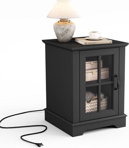 VINIUSIKI LINSY HOME End Table with Charging Station, Modern Side Table with Storage Cabinet and Adjustable Shelf, Small Sofa Table for Living Room, Home...