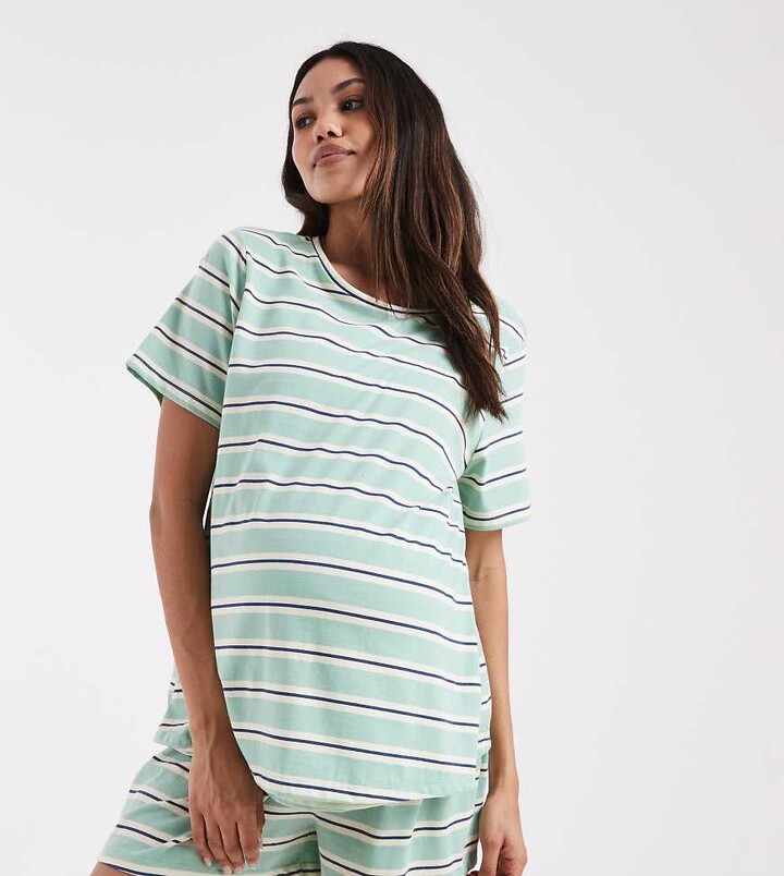 ASOS Maternity ASOS DESIGN Maternity mix & match pajama tee in sage & blue stripes