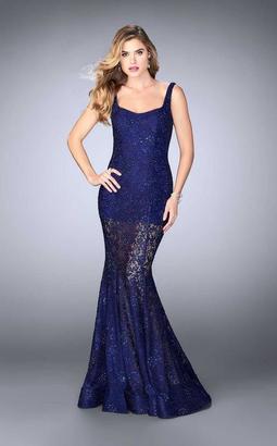 La Femme Lace Square Mermaid Long Evening Gown with Keyhole Opening 24466