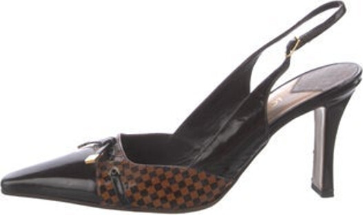 Louis Vuitton Patent Leather Slingback Pumps Brown Damier Ebene Pattern Square-Toes with Bow Accents Buckle Closure at Ankles Designer