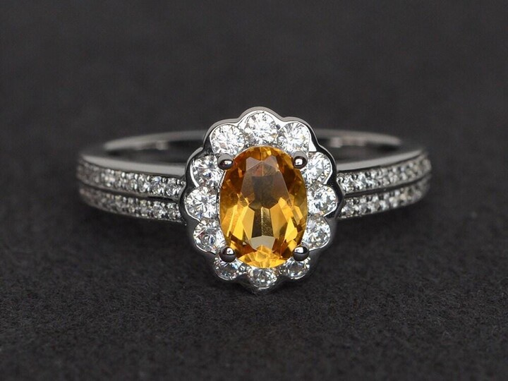 Etsy Citrine Ring Silver Halo Engagement Oval Cut Promise November Birthstone