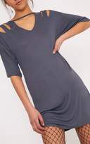 Thumbnail for your product : PrettyLittleThing Basic Laviina Gun Metal Jersey Slashed Cut Out Detail T shirt Dress