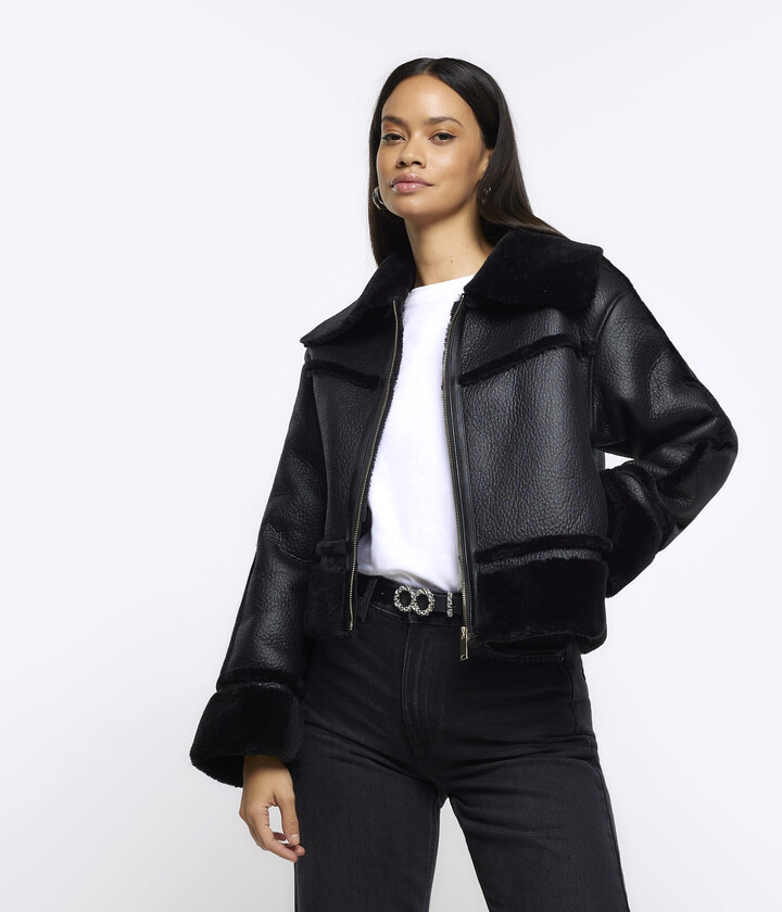 River Island Womens Black Faux Leather Aviator Jacket - ShopStyle