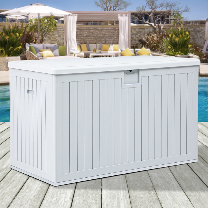 Dextrus Extra-large Outdoor Storage Deck Box, 230 Gallon Resin Patio Storage Box for Outdoor Pillows, Garden Tools, and Pool Supplies with Adjustable Partition, Weatherproof, Secure (Grayish-White)