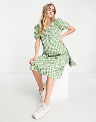 Mama Licious Mamalicious Maternity short sleeve midi dress in green gingham  - ShopStyle
