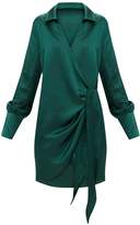 Thumbnail for your product : PrettyLittleThing Emerald Green Satin Deep Cuff Wrap Front Shift Dress