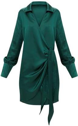 PrettyLittleThing Emerald Green Satin Deep Cuff Wrap Front Shift Dress