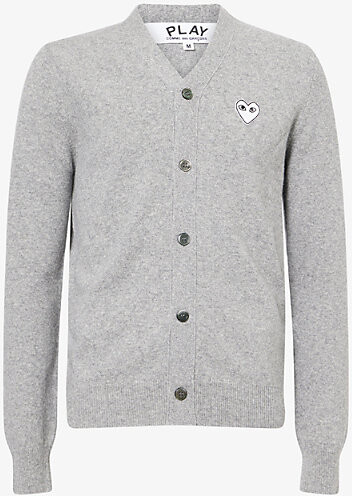 Comme des Garçons PLAY Mens Light Grey Heart-Embroidered Knitted Wool Cardigan L