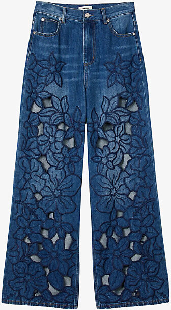 Sandro Womens Bleus Flower-Embroidered Straight-Leg Jeans 14