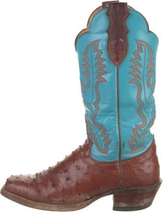 Lucchese Leather Mid-Calf Western Boots Brown Printed Square-Toes with Embroidered Accent Designer