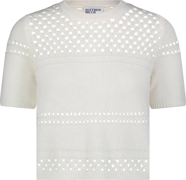 MATTHEW BRUCH Women's Stripped Mesh Boxy T-Shirt In White Knit