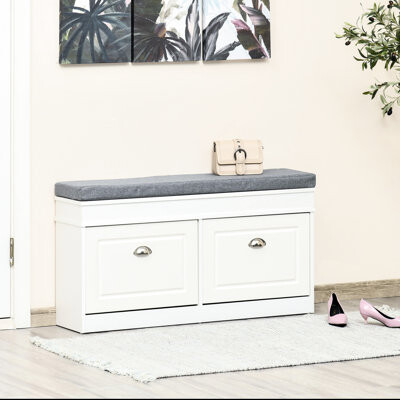 Modern Shoe Rack Bench For Entryway In White, With Cushion, 2 Drawers, Adjustable Shelf, Stores 8 Pairs Cushion & Holds Pairs, And Functional