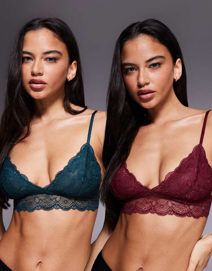 ASOS DESIGN 2 pack longline padded lace bralettes in forest green & burgundy