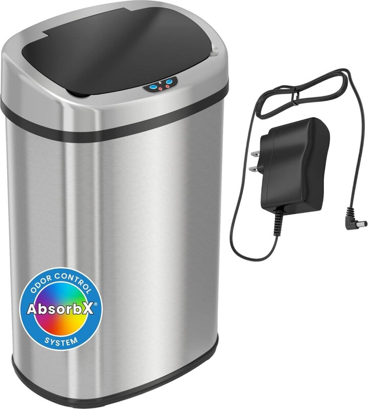 iTouchless Stainless Steel Oval Sensor Trash Can with AbsorbX Odor Filter and Ac Adapter, 13 Gallon Silver