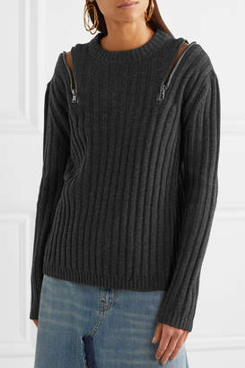 Moschino Zip-embellished Ribbed-knit Sweater - Charcoal