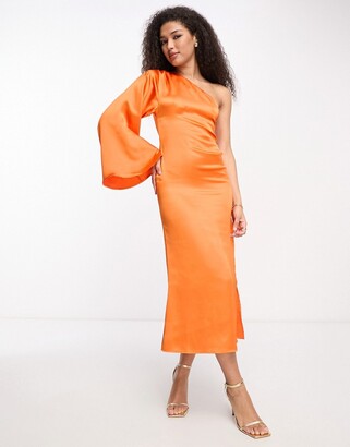 Pretty Lavish one shoulder satin split midaxi dress in orange - ShopStyle