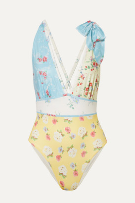 LoveShackFancy Millicent Bow-embellished Patchwork Swimsuit - Pastel yellow