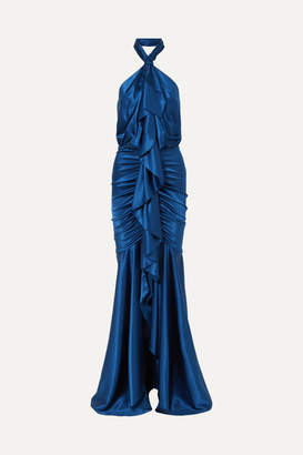 Alexandre Vauthier Open-back Ruffled Stretch Silk-satin Halterneck Gown - Royal blue
