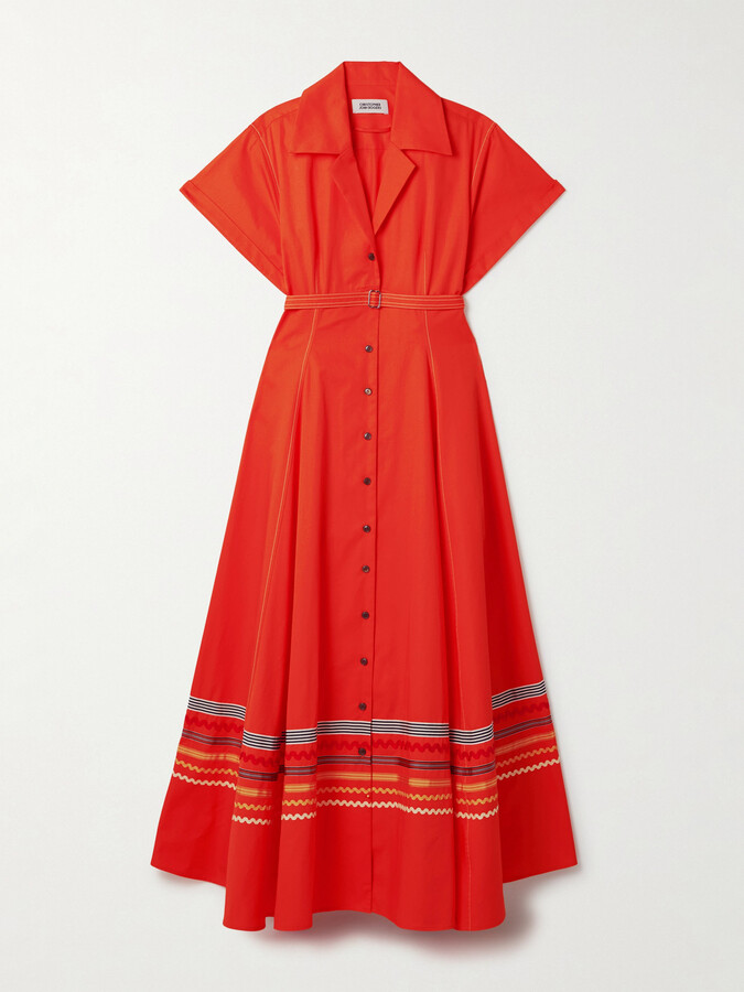 Christopher John Rogers Belted Ric Rac And Grosgrain-trimmed Cotton-twill Maxi Shirt Dress - Orange
