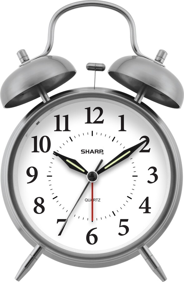 Sharp Twin Bell Quartz Analog Alarm Clock, Silver Brushed Metal, Loud Alarm, Battery Operated