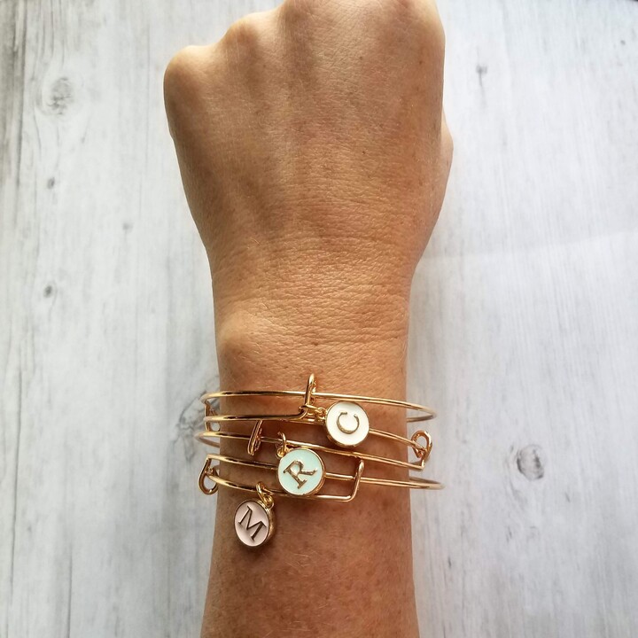 Personalized Gold Bangle, One Adjustable Wire Bracelet, Gold Stacking, Simple Round Letter Initial Charm, Mint Pink White, Minimalist Slide