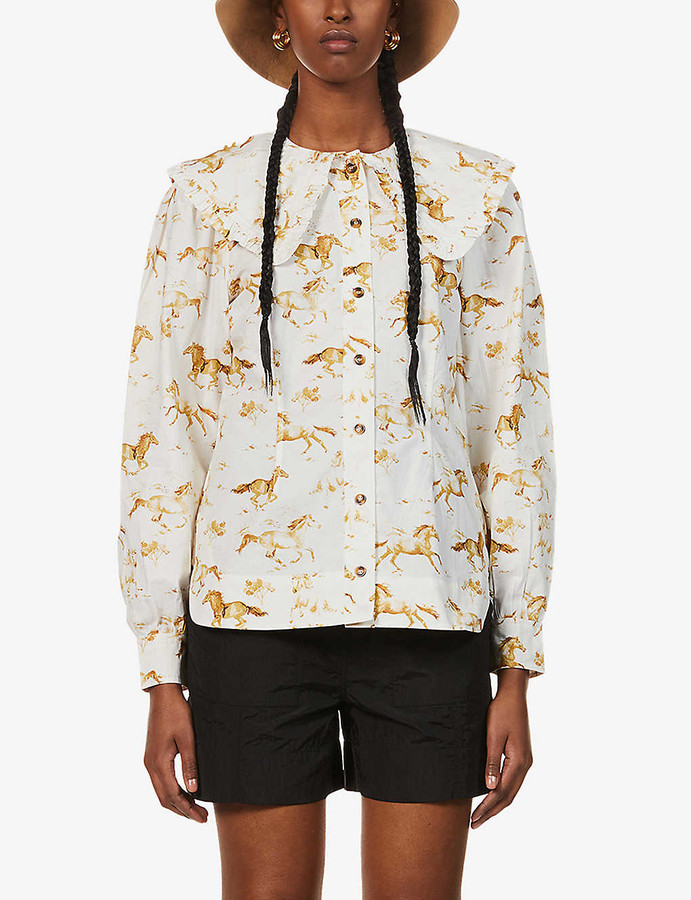 Ganni Horse-print organic cotton-poplin shirt - ShopStyle Long Sleeve Tops