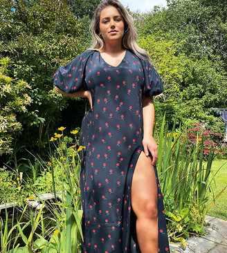Never Fully Dressed Plus Valentina puff sleeve maxi dress with high thigh split in black floral print