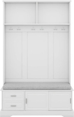 78.7" Hall Tree With Sliding Doors, Versatile Coat Rack With 6 Silvery Hooks & Handles, Bench Cabinet W/Shoe Storage