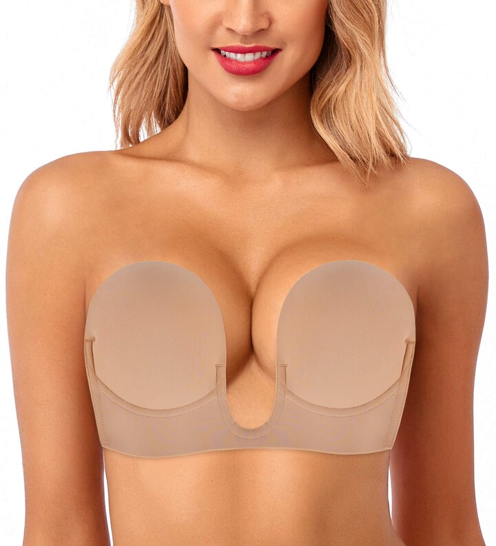 ForBaysy Push Up Plunge Strapless Sticky Adhesive Bra Deep U-Shaped Silicone Bra Invisible Backless Reusable Lifting Bra 