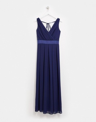 TFNC Petite bridesmaid wrap front bow back maxi dress in navy