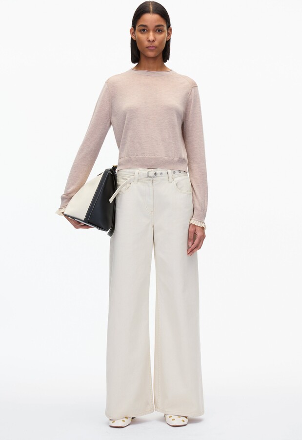 Layered Wool Silk Crew Sweater w Chiffon Cuff in TAUPE