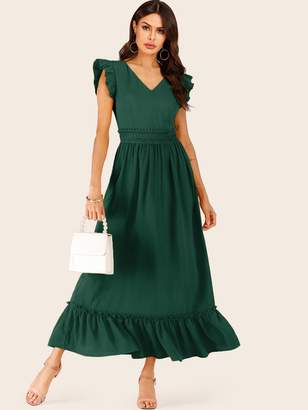 Shein Solid Contrast Lace Ruffle Hem Longline Dress
