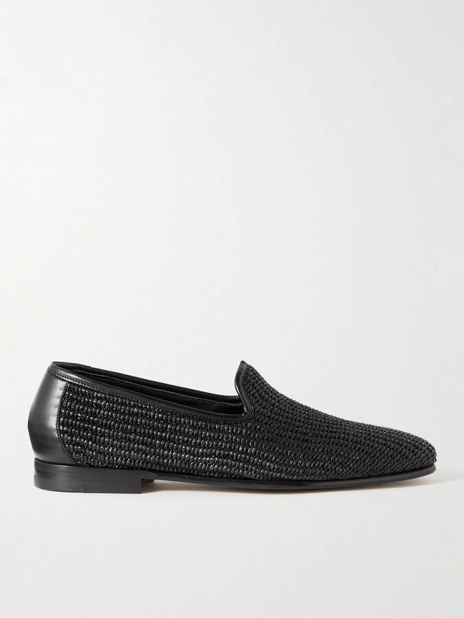 Mario Leather-Trimmed Raffia Loafers