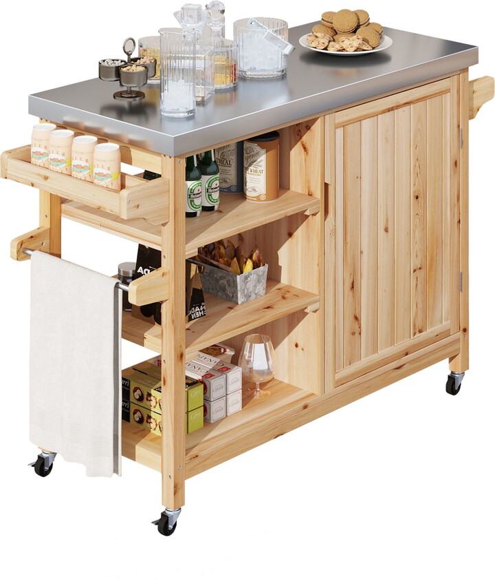 Uforic Outdoor Grill Table Solid Wood Storage Cabinet, Rolling Kitchen Island, Movable Bar Cart with Stainless Steel Top