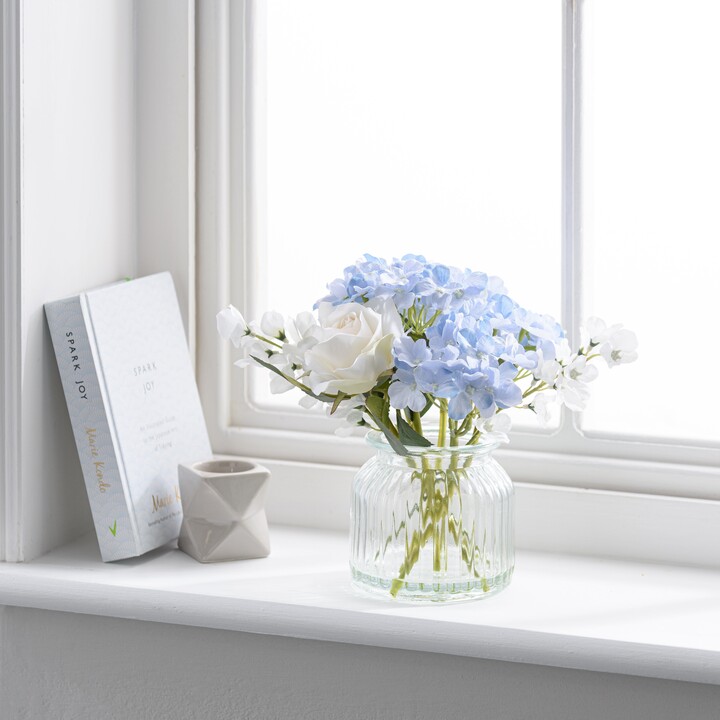 Dunelm Artificial Hydrangea and Rose Bouquet in Ribbed Glass Vase Blue -  ShopStyle
