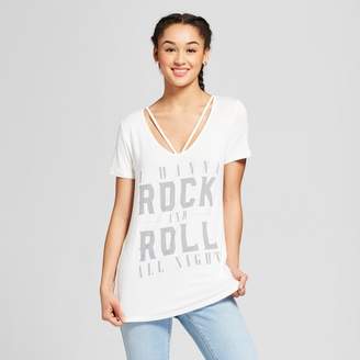 Lyric Culture Women's I Wanna Rock and Roll All Night Drapey Short Sleeve Clavicle T-Shirt Juniors') - White