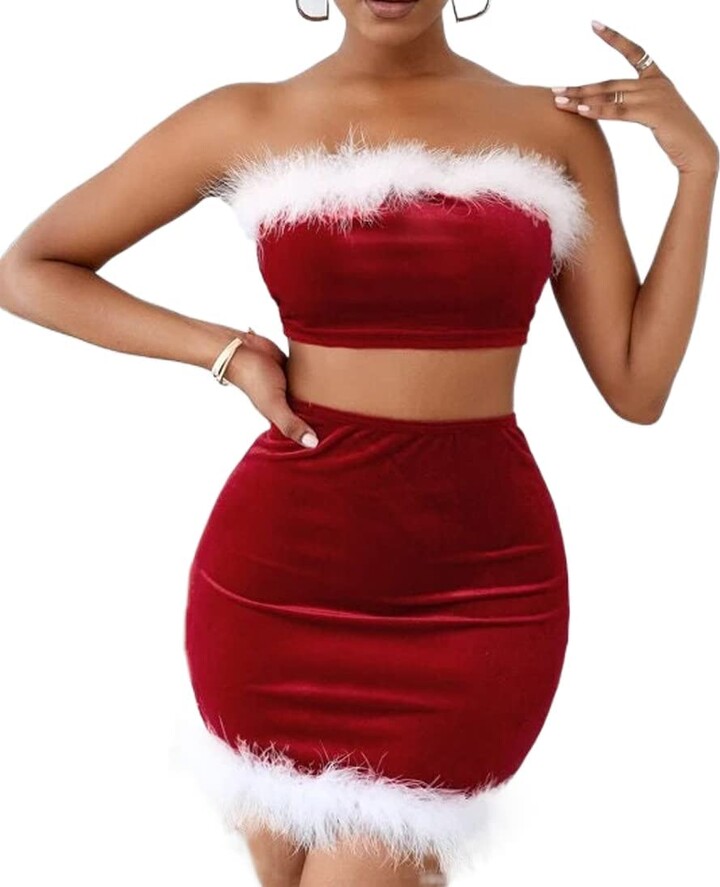 FeMereina Women's Sexy Off Shoulder Velvet Off-Shoulder Crop Tube Tops with  High Waist Wrap Short Skirts Vintage Christmas Strapless Party Bodycon Mini  Dress (Red - ShopStyle