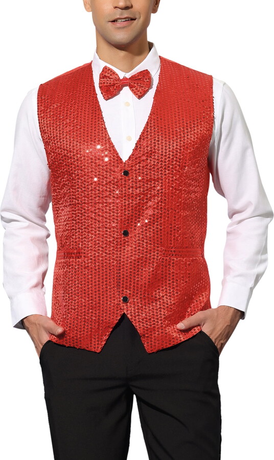 Unique Bargains Men’s Sequin Waistcoat Sleeveless Dress Suit Vest with Bow Tie S Red