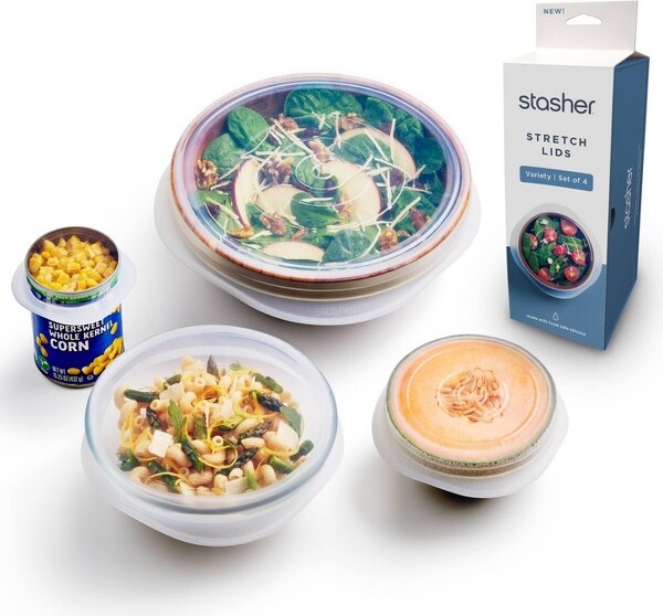 Stasher stasherPremiumSiliconeReusableFoodStorageLidsStarterKit-Clear-4pk